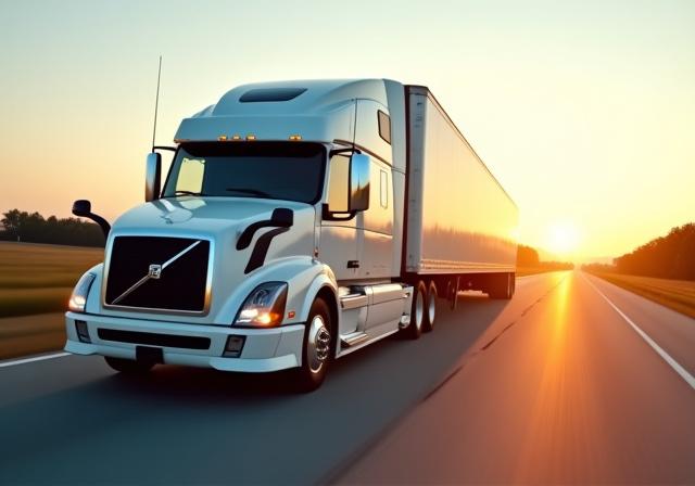 A modern NSFH freight truck driving on the highway at sunrise, representing reliability and a new day of logistics operations.