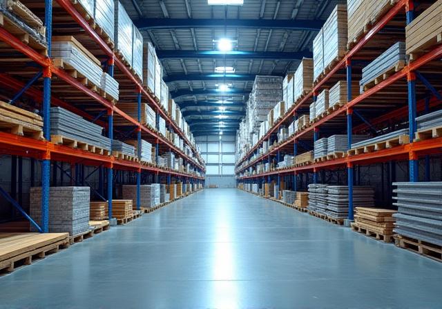 Rows of palletized building supplies in a distribution warehouse being loaded for road transport
